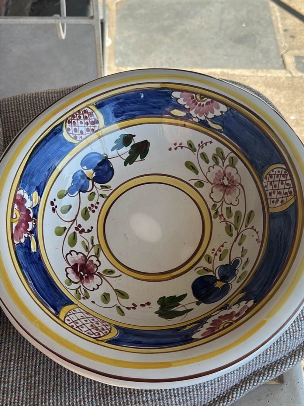Decorative Floral Ceramic Serving Bowl in Blue, Yellow, and White